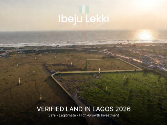 Aerial golden-hour view of prime verified dry land plots in Ibeju-Lekki, Lagos 2026 with Atlantic Ocean coastline, Lagos-Calabar Coastal Highway and infrastructure in background – safe legitimate high-growth real estate investment opportunity
