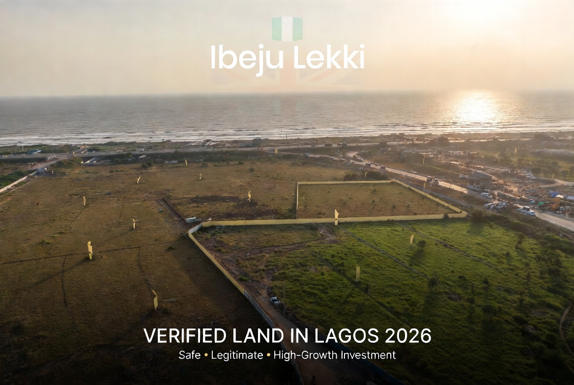 Aerial golden-hour view of prime verified dry land plots in Ibeju-Lekki, Lagos 2026 with Atlantic Ocean coastline, Lagos-Calabar Coastal Highway and infrastructure in background – safe legitimate high-growth real estate investment opportunity