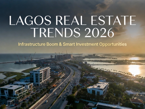 Aerial golden hour view of modern luxury real estate developments along the Ibeju-Lekki coastline and Lagos-Calabar Coastal Highway in Lagos, Nigeria – Lagos Real Estate Trends 2026