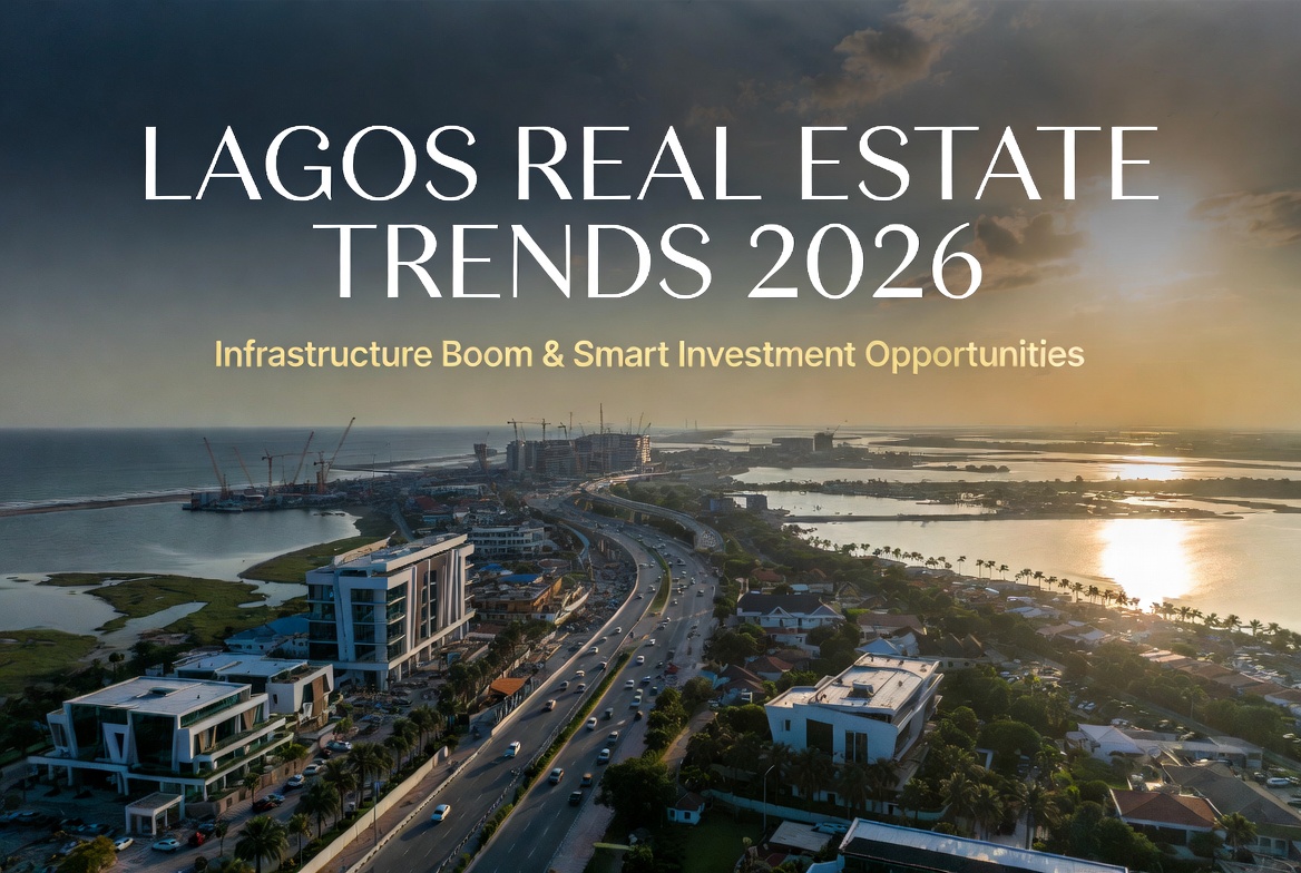 Aerial golden hour view of modern luxury real estate developments along the Ibeju-Lekki coastline and Lagos-Calabar Coastal Highway in Lagos, Nigeria – Lagos Real Estate Trends 2026