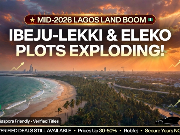 Stunning aerial sunset view of Ibeju-Lekki & Eleko oceanfront land boom in Lagos 2026. Golden beach, palm trees, coastal highway and emerging luxury estates with urgent text: "Mid-2026 Lagos Land Boom • Plots Exploding!" 5 verified Robfej deals still available – prices up 30-50% – secure yours now!