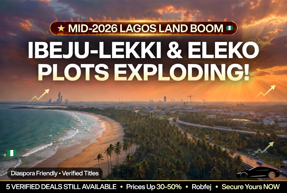 Stunning aerial sunset view of Ibeju-Lekki & Eleko oceanfront land boom in Lagos 2026. Golden beach, palm trees, coastal highway and emerging luxury estates with urgent text: "Mid-2026 Lagos Land Boom • Plots Exploding!" 5 verified Robfej deals still available – prices up 30-50% – secure yours now!