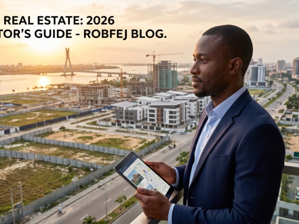 A professional Black man in a suit looks out from a high-rise balcony over a Lagos, Nigeria cityscape at sunset, holding a tablet. A distinct cable-stayed bridge (Lekki-Ikoyi Link Bridge) and ongoing construction are visible. Text in the top left reads: "LAGOS REAL ESTATE: 2026 INVESTOR’S GUIDE - ROBFEJ BLOG."