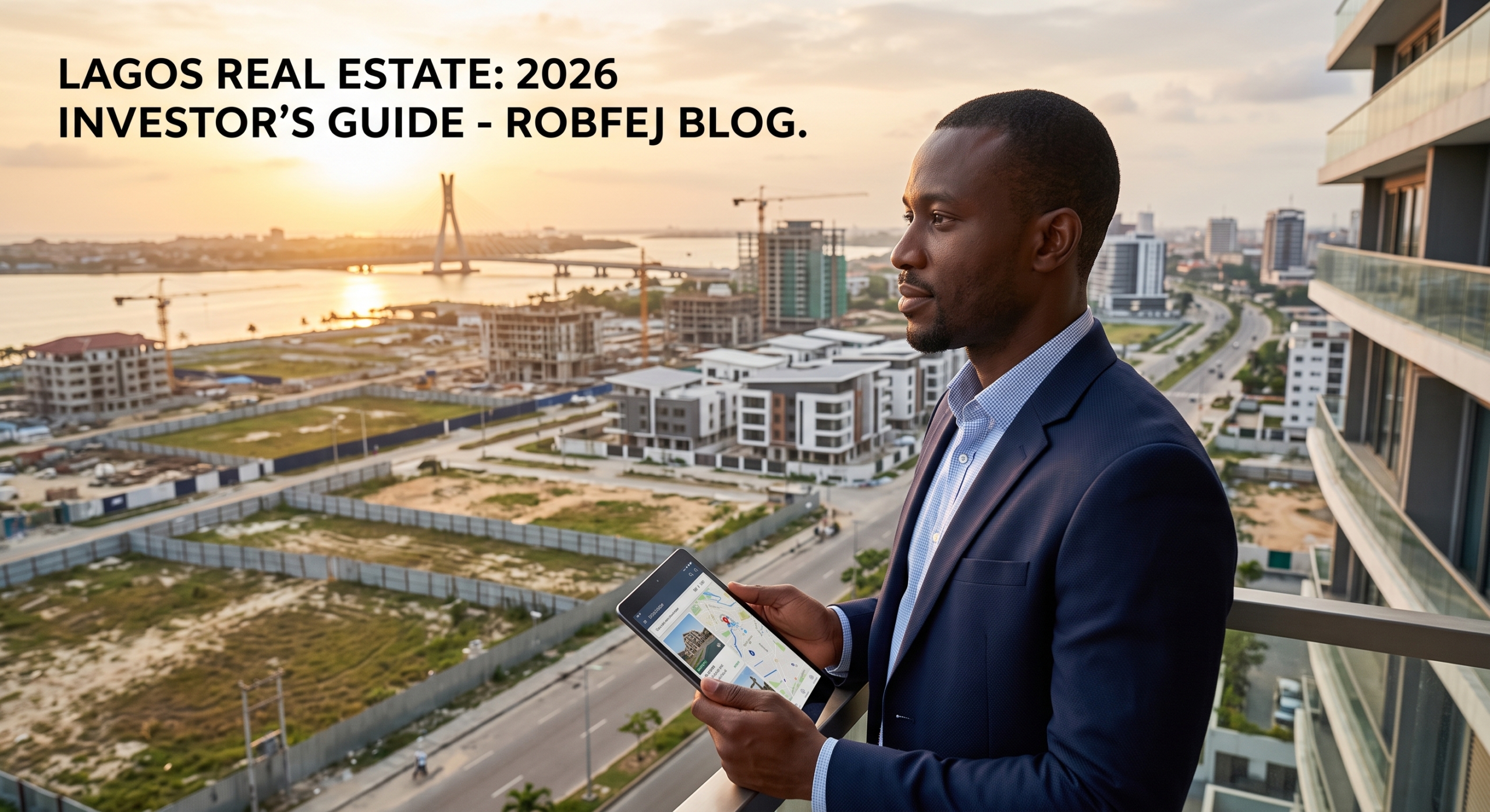 A professional Black man in a suit looks out from a high-rise balcony over a Lagos, Nigeria cityscape at sunset, holding a tablet. A distinct cable-stayed bridge (Lekki-Ikoyi Link Bridge) and ongoing construction are visible. Text in the top left reads: "LAGOS REAL ESTATE: 2026 INVESTOR’S GUIDE - ROBFEJ BLOG."