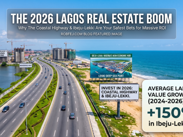 An aerial, infographic-style photograph showing a modern multi-lane highway running parallel to the blue ocean coastline in Lagos. The left side features high-rise buildings under construction with cranes, and smaller text overlays that promote "ROBFEJ ESTATE" and "MASSIVE ROI." The right side shows the beach, deep ocean, and two large billboards. The main billboard shows a photo of a port with text that says "IBEJU-LEKKI: NIGERIA'S NEW ECONOMIC HUB" and "LEKKI DEEP SEA PORT." The billboard below it says "INVEST IN 2026: COASTAL HIGHWAY & IBEJU-LEKKI." In the mid-ground on the right, there is a very large green graphic with a large upward arrow and text that reads "AVERAGE LAND VALUE GROWTH (2024-2026) +150% in Ibeju-Lekki." Large overlay text across the top states "THE 2026 LAGOS REAL ESTATE BOOM" and "Why The Coastal Highway & Ibeju-Lekki Are Your Safest Bets for Massive ROI." The overall impression is one of rapid progress and financial opportunity.