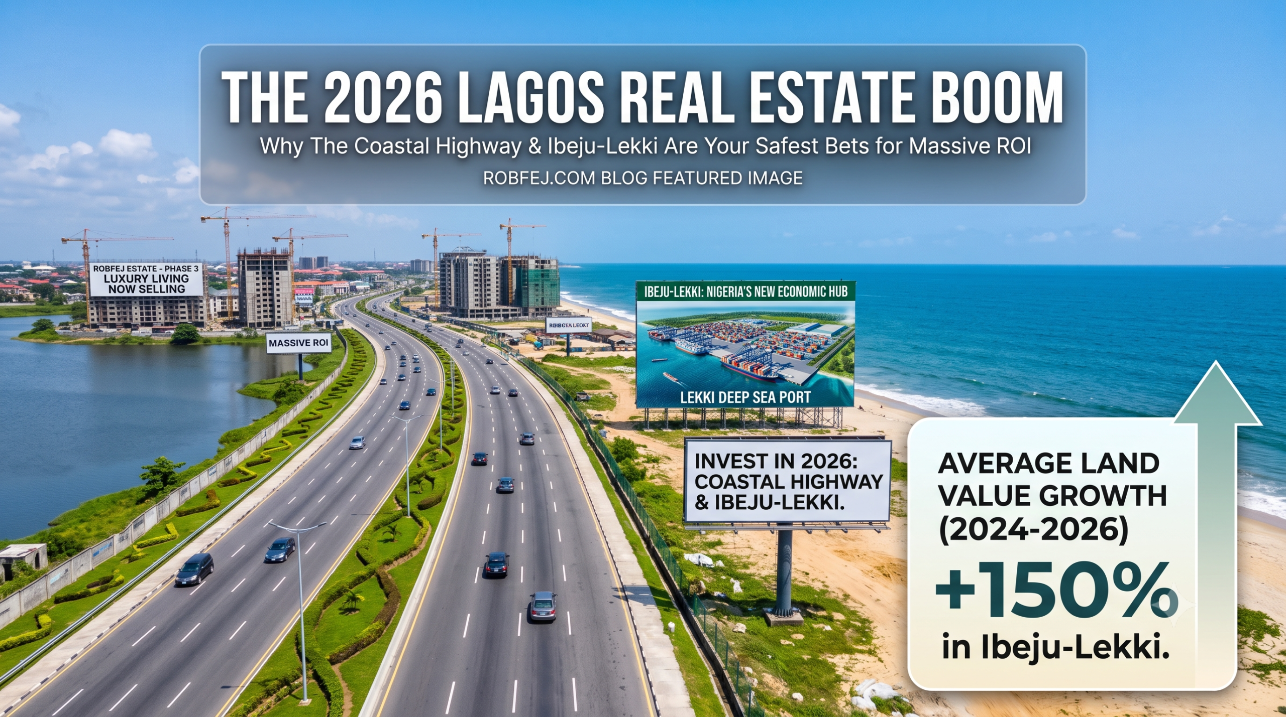 An aerial, infographic-style photograph showing a modern multi-lane highway running parallel to the blue ocean coastline in Lagos. The left side features high-rise buildings under construction with cranes, and smaller text overlays that promote "ROBFEJ ESTATE" and "MASSIVE ROI." The right side shows the beach, deep ocean, and two large billboards. The main billboard shows a photo of a port with text that says "IBEJU-LEKKI: NIGERIA'S NEW ECONOMIC HUB" and "LEKKI DEEP SEA PORT." The billboard below it says "INVEST IN 2026: COASTAL HIGHWAY & IBEJU-LEKKI." In the mid-ground on the right, there is a very large green graphic with a large upward arrow and text that reads "AVERAGE LAND VALUE GROWTH (2024-2026) +150% in Ibeju-Lekki." Large overlay text across the top states "THE 2026 LAGOS REAL ESTATE BOOM" and "Why The Coastal Highway & Ibeju-Lekki Are Your Safest Bets for Massive ROI." The overall impression is one of rapid progress and financial opportunity.