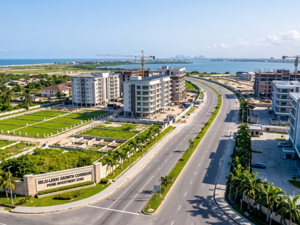Aerial view of a modern real estate development in Lagos featuring newly constructed multi-story buildings, demarcated green land plots, a wide paved highway, and construction cranes near a body of water.
