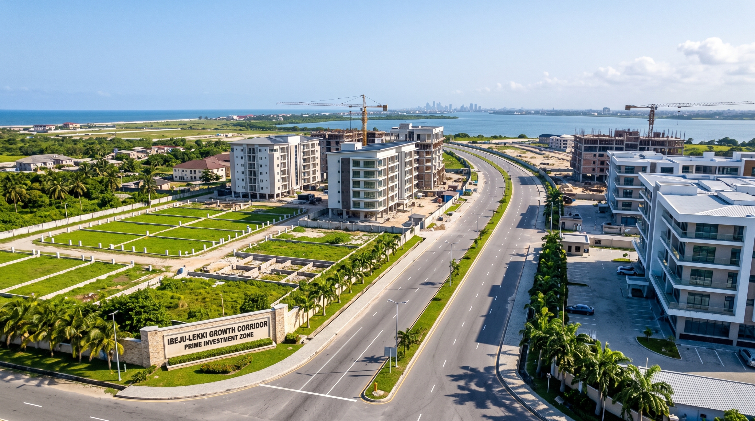 Aerial view of a modern real estate development in Lagos featuring newly constructed multi-story buildings, demarcated green land plots, a wide paved highway, and construction cranes near a body of water.