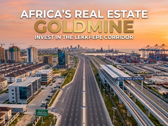 Aerial view of a wide coastal city corridor at sunset, with a highway, modern residential and commercial buildings, a deep-sea port, and an elevated train station labeled 'IBEJU-LEKKI STATION'. Text overlay reads 'AFRICA'S REAL ESTATE GOLDMINE, INVEST IN THE LEKKI-EPE CORRIDOR'.