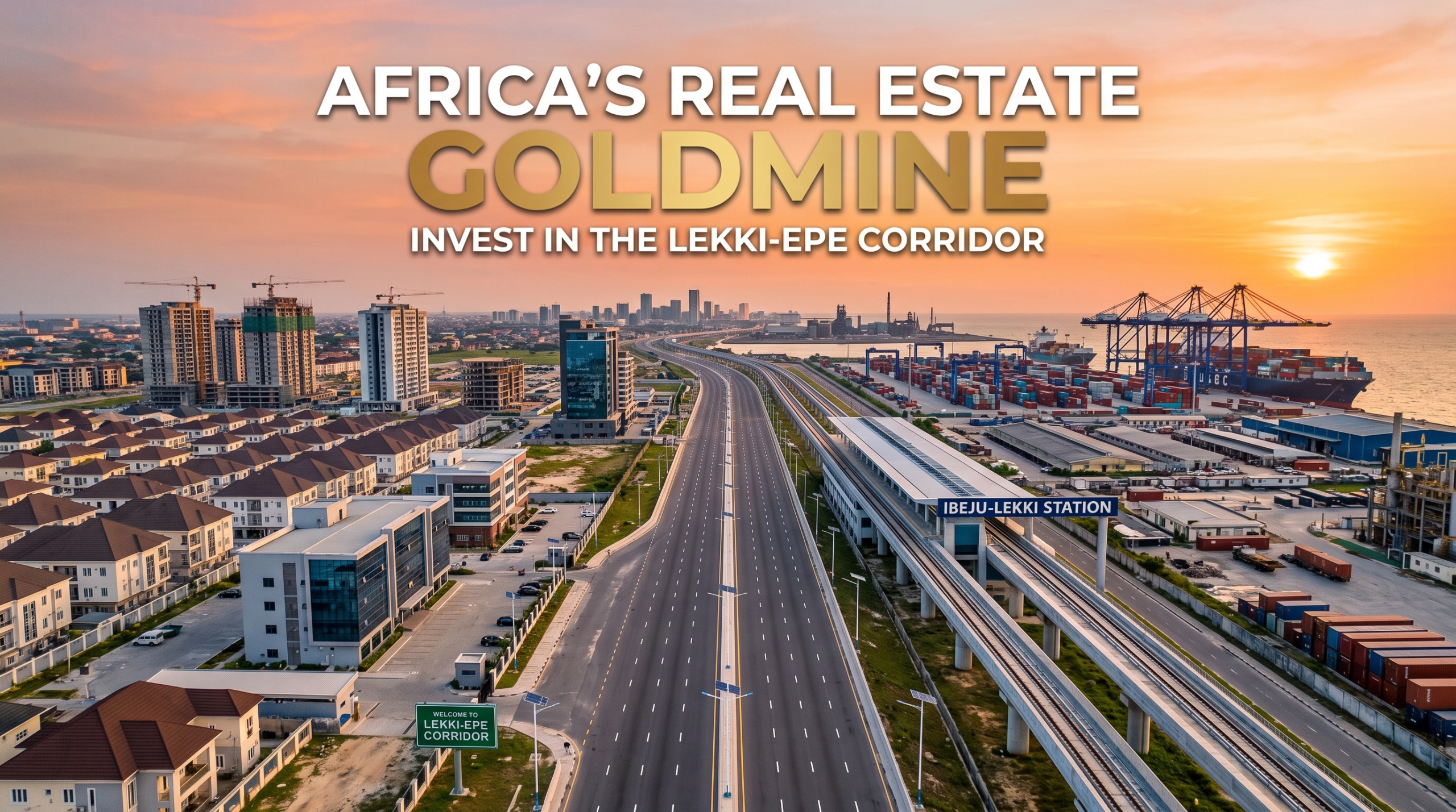 Aerial view of a wide coastal city corridor at sunset, with a highway, modern residential and commercial buildings, a deep-sea port, and an elevated train station labeled 'IBEJU-LEKKI STATION'. Text overlay reads 'AFRICA'S REAL ESTATE GOLDMINE, INVEST IN THE LEKKI-EPE CORRIDOR'.