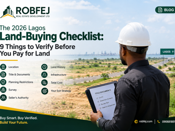 2026 Lagos land-buying checklist showing a real estate professional reviewing title documents beside a developing property site
