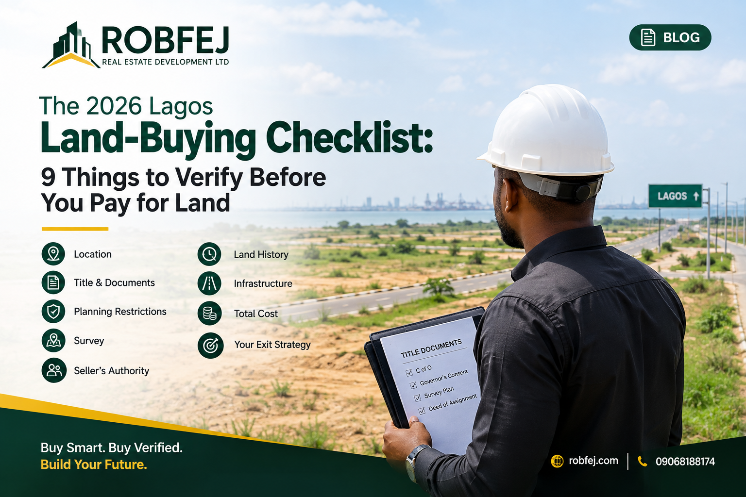 2026 Lagos land-buying checklist showing a real estate professional reviewing title documents beside a developing property site