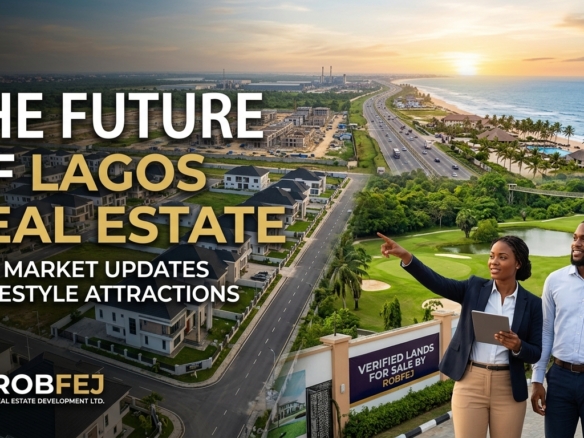 A real estate consultant pointing toward land developments while showing a digital tablet to a young couple, set against a backdrop of modern Lagos housing, coastal beaches, and the text "The Future of Lagos Real Estate 2026 Market Updates & Lifestyle Attractions.