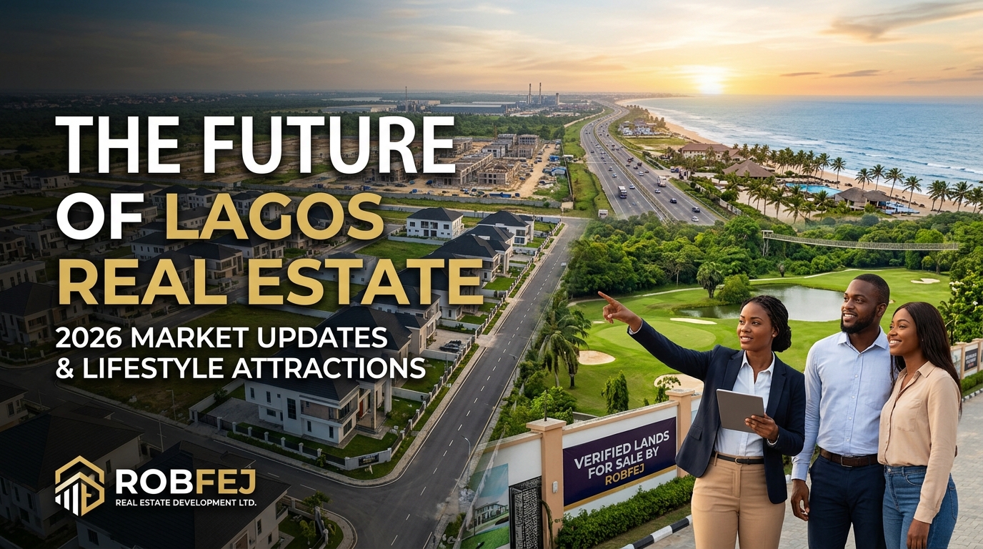 A real estate consultant pointing toward land developments while showing a digital tablet to a young couple, set against a backdrop of modern Lagos housing, coastal beaches, and the text "The Future of Lagos Real Estate 2026 Market Updates & Lifestyle Attractions.