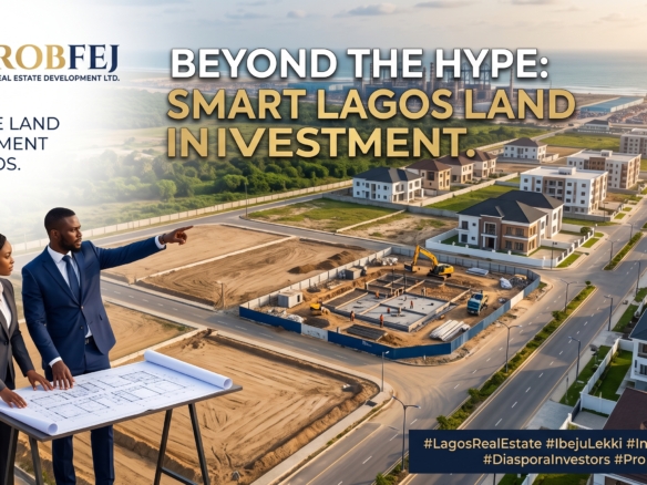 Corporate investors reviewing architectural blueprints at a developing Robfej Real Estate site in Lagos, representing secure land investment.