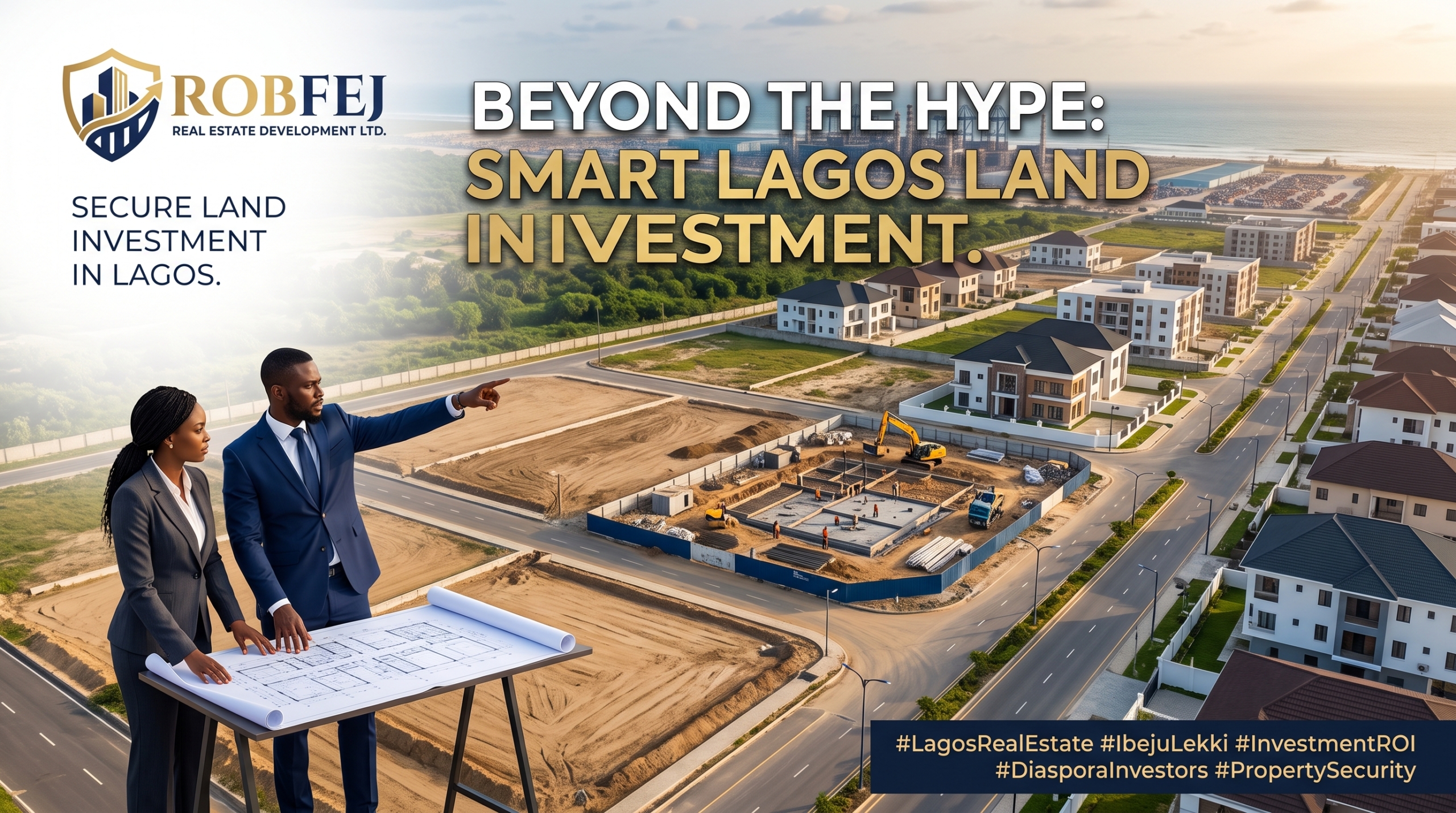 Corporate investors reviewing architectural blueprints at a developing Robfej Real Estate site in Lagos, representing secure land investment.