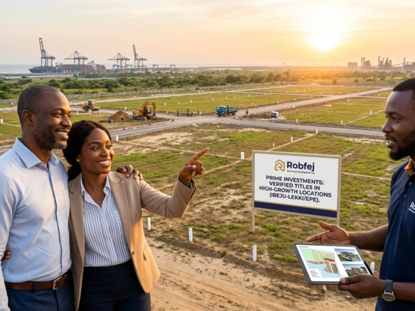 A smiling African couple and a Robfej real estate agent in a branded polo shirt stand together on a large, surveyed land plot at sunset. The woman points enthusiastically towards future development. Port cranes and refinery structures are visible along the distant Lagos coastline. A large sign displays 'Robfej' and 'PRIME INVESTMENTS: VERIFIED TITLES IN HIGH-GROWTH LOCATIONS (IBEJU-LEKKI/EPE)'.