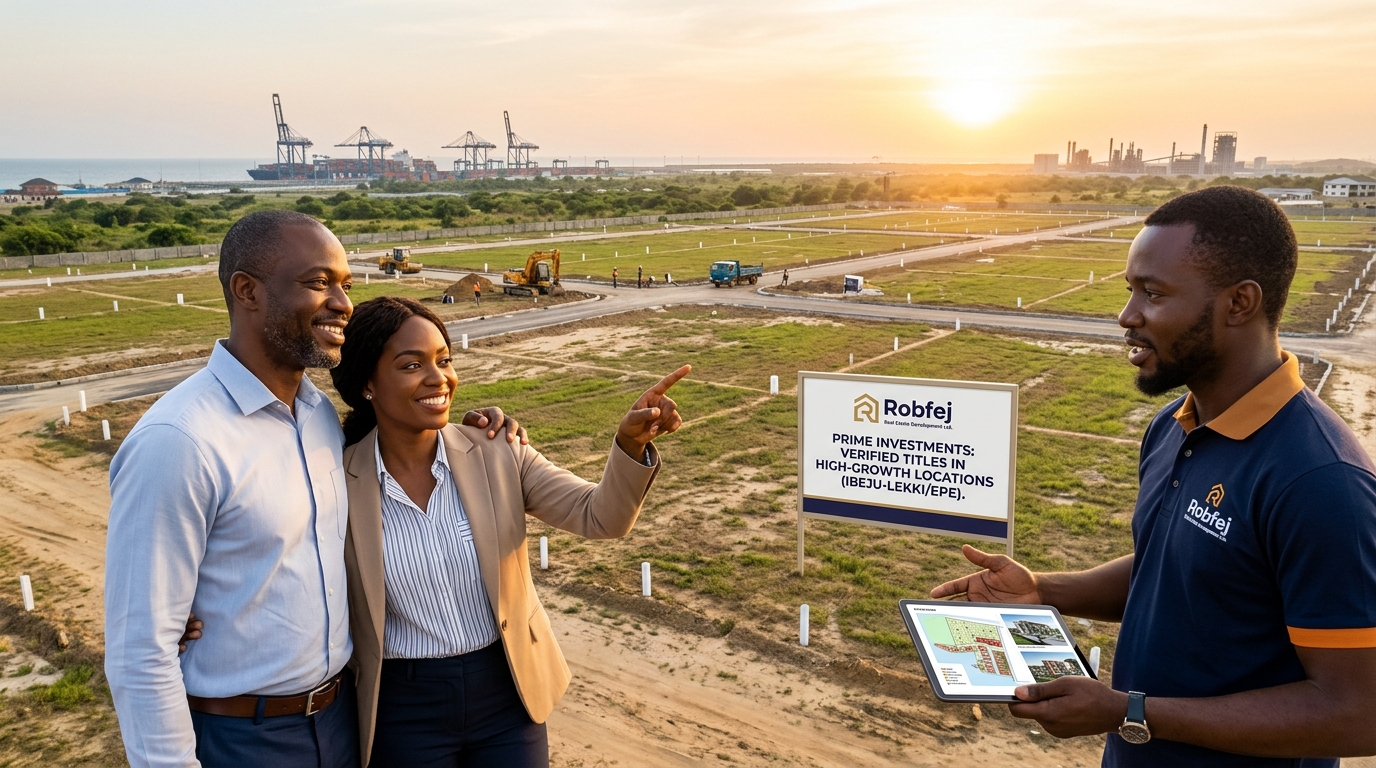 A smiling African couple and a Robfej real estate agent in a branded polo shirt stand together on a large, surveyed land plot at sunset. The woman points enthusiastically towards future development. Port cranes and refinery structures are visible along the distant Lagos coastline. A large sign displays 'Robfej' and 'PRIME INVESTMENTS: VERIFIED TITLES IN HIGH-GROWTH LOCATIONS (IBEJU-LEKKI/EPE)'.